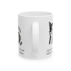 Espresso yourself, just not before I've had my coffee. - Ceramic Mug 11oz / Cat making a 'shh' gesture with one paw / paw holds a coffee mug