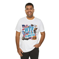WTF Is A Kilometer? Patriotic Graphic Tee - Funny USA Eagle Burger Design