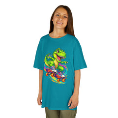 Kids Skateboarding T‑Rex Tee — Neon Dino Skateboard Shirt for Boys & Girls