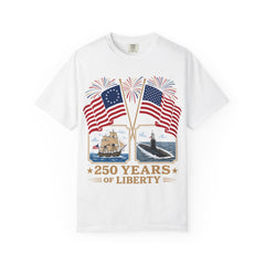 250 Years of Liberty T-Shirt — Patriotic American Flag & Historic Ship Design