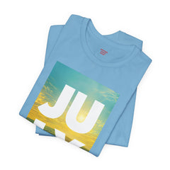 July Sunflower T‑Shirt – Summer Graphic Tee with 'JULY' Text