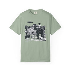 UFO Meets Cowboy Vintage Graphic T-Shirt — Retro Western Alien Tee