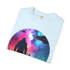 Bigfoot & Alien Nightscape T-Shirt — Sasquatch UFO Graphic Tee
