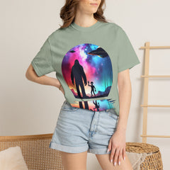 Bigfoot & Alien Nightscape T-Shirt — Sasquatch UFO Graphic Tee