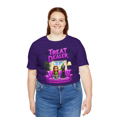 Personalized Treat Dealer T-Shirt — Funny Pet Lover Tee with Girl and Dog on Purple Couch