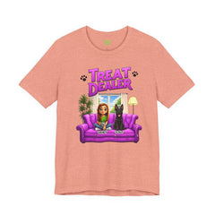 Personalized Treat Dealer T-Shirt — Funny Pet Lover Tee with Girl and Dog on Purple Couch