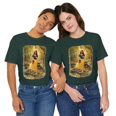 Fairy Tale Forest Tee — Woman with Dog Vintage Fantasy Graphic Shirt