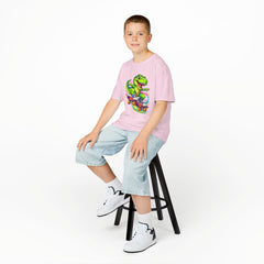 Kids Skateboarding T‑Rex Tee — Neon Dino Skateboard Shirt for Boys & Girls