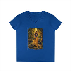 Fairy Tale Snow White & Dog V-Neck T-Shirt — Whimsical Princess Forest Graphic