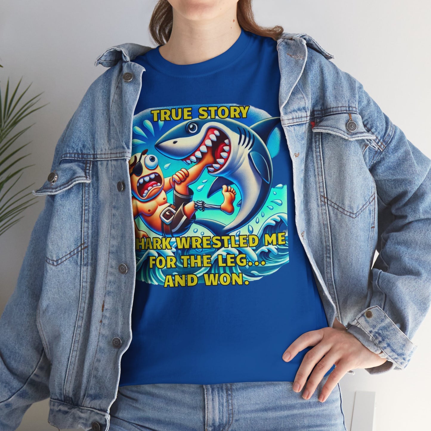 Amputee Humor True Story Shark Wrestled Me For The Leg, And Won - Unisex Heavy Cotton Tee