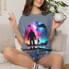 Bigfoot & Alien Nightscape T-Shirt — Sasquatch UFO Graphic Tee