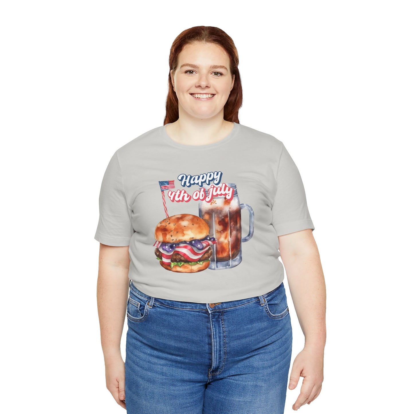 Happy 4th Of July Burger and Mug Graphic, Unisex Jersey Short Sleeve Tee