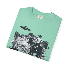 UFO Meets Cowboy Vintage Graphic T-Shirt — Retro Western Alien Tee