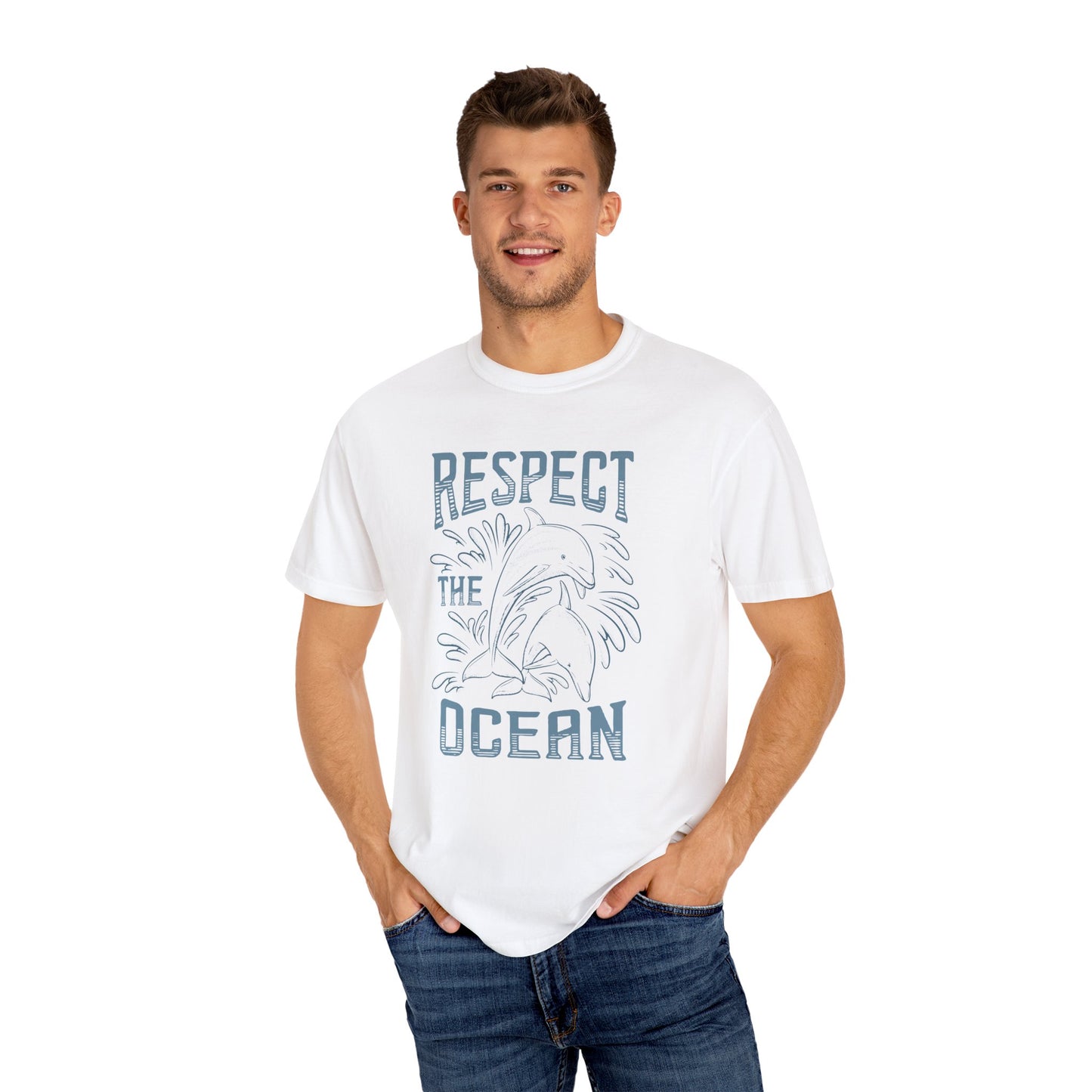 Dolphin, Respect The Ocean -  Graphic Unisex Garment-Dyed T-shirt