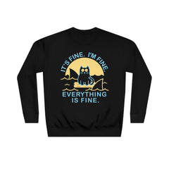 It's Fine, I'm Fine, Everything Is Fine Cat on A Raft surrounded by Sharks - Unisex Crew Sweatshirt