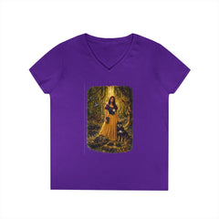 Fairy Tale Snow White & Dog V-Neck T-Shirt — Whimsical Princess Forest Graphic