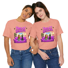 Personalized Treat Dealer T-Shirt — Funny Pet Lover Tee with Girl and Dog on Purple Couch