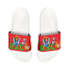 Russell Sage College Mascot Characters Graphic Women's Summer Slide Sandals -  Purple Cow, Red Devil, Golden Horseshoe, Blue Angel