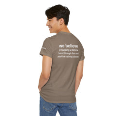 Dog Trainer T‑Shirt — "dog trainer." Front Logo with "we believe..." Positive Training Back Text
