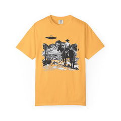 UFO Meets Cowboy Vintage Graphic T-Shirt — Retro Western Alien Tee