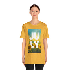 July Sunflower T‑Shirt – Summer Graphic Tee with 'JULY' Text