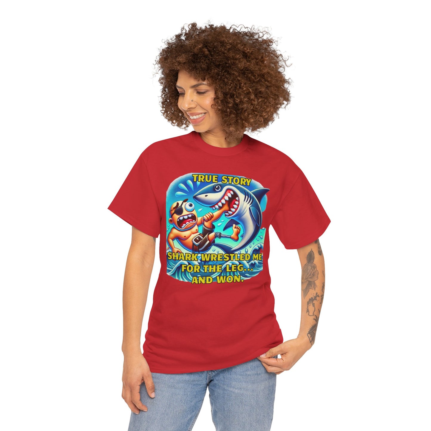 Amputee Humor True Story Shark Wrestled Me For The Leg, And Won - Unisex Heavy Cotton Tee