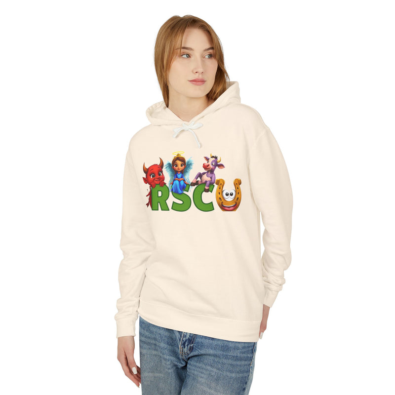 Russell Sage College Mascot Unisex Hoodie - Russell Sage Purple Cow, Red Devil, Golden Horseshoe, Blue Angel Design
