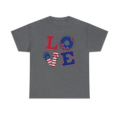 LOVE red white and blue graphics Unisex Heavy Cotton Tee / see our matching T Shirt , coffe mugs and tote bags