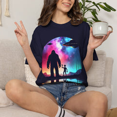Bigfoot & Alien Nightscape T-Shirt — Sasquatch UFO Graphic Tee