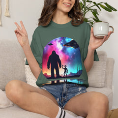 Bigfoot & Alien Nightscape T-Shirt — Sasquatch UFO Graphic Tee