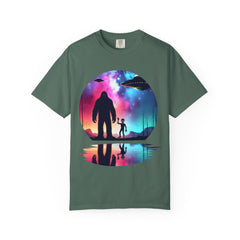 Bigfoot & Alien Nightscape T-Shirt — Sasquatch UFO Graphic Tee