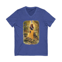 Forest Maiden V-Neck Tee — Woman with Dog & Nature Illustration