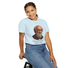 Darwin Coffee Funny T-Shirt — "Survival of the Fittest? I Barely Survive Coffee Shortages."
