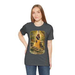 Fairy Tale Forest Tee — Woman with Dog Vintage Fantasy Graphic Shirt