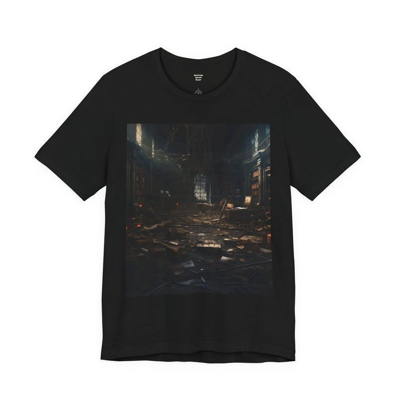 Abandoned Library Photo Tee — Dark Urban Gothic Bookstore Scene T-Shirt