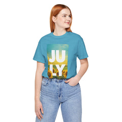 July Sunflower T‑Shirt – Summer Graphic Tee with 'JULY' Text