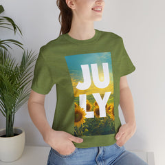 July Sunflower T‑Shirt – Summer Graphic Tee with 'JULY' Text