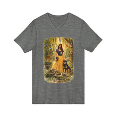 Forest Maiden V-Neck Tee — Woman with Dog & Nature Illustration