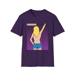 WILD AND FREE Pop Art Blonde Hair Girl with denim shorts and no top Unisex Softstyle T Shirt