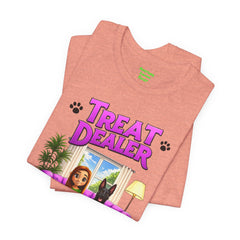 Personalized Treat Dealer T-Shirt — Funny Pet Lover Tee with Girl and Dog on Purple Couch