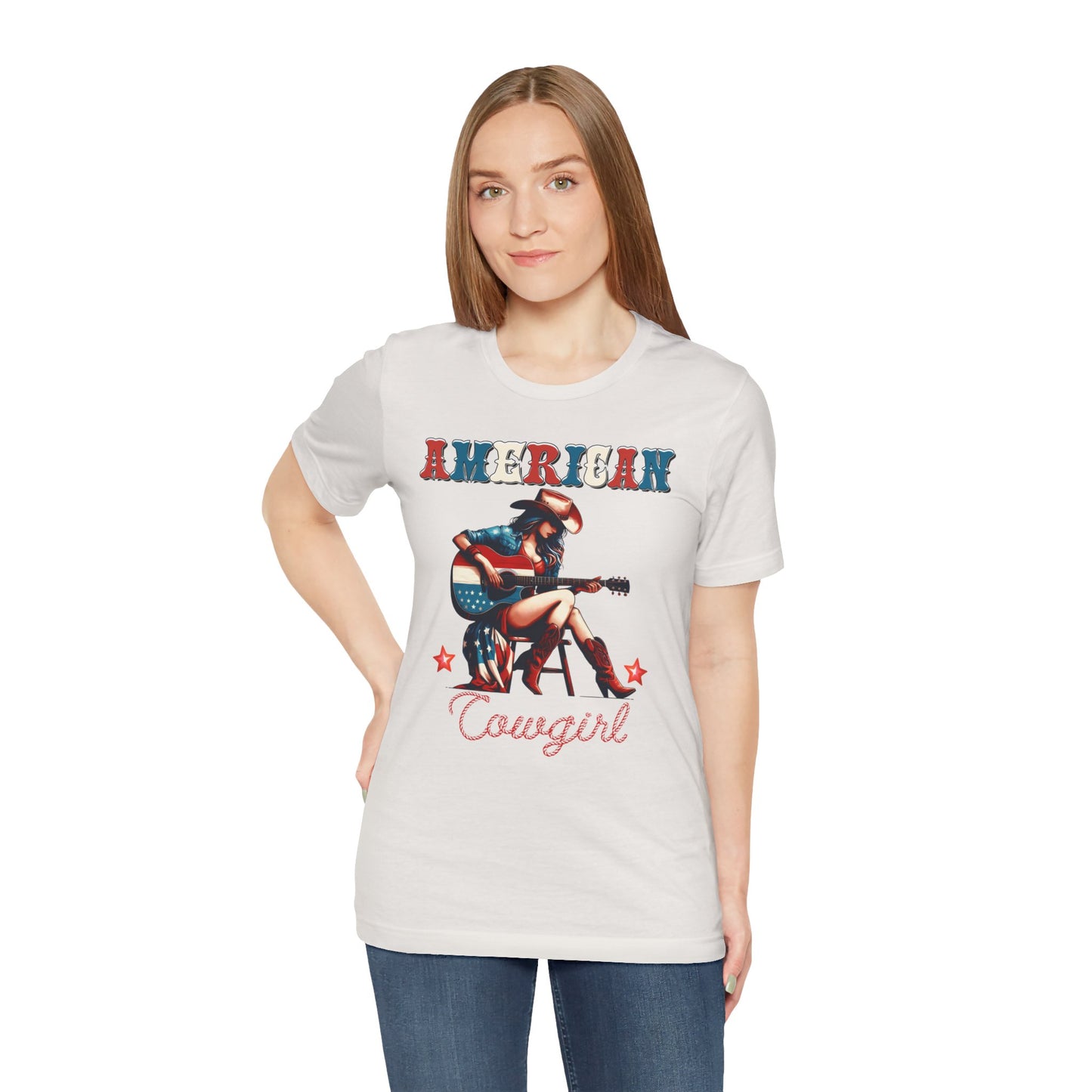 American Cowgirl, Playing Guitar Graphic, Unisex Jersey Short Sleeve Tee