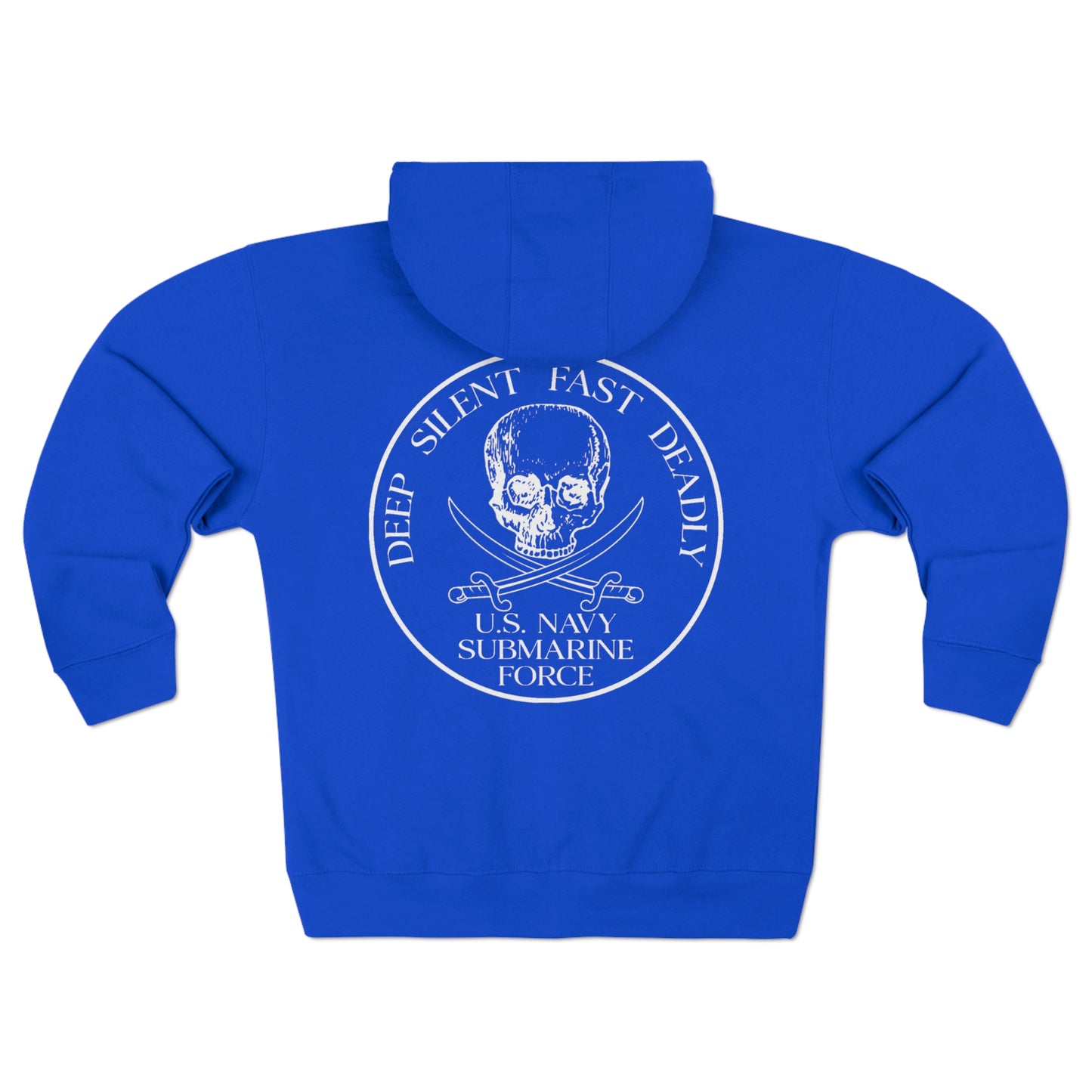 USN Submarine Veteran Unisex Premium Full Zip Hoodie, Submarine Breast Insignia on front, Skull and Crossed Cutlasses on Back