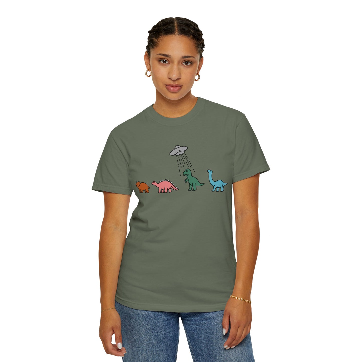 Dinosaur UFO Retro Unisex Garment-Dyed T-shirt