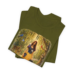 Fairy Tale Forest Tee — Woman with Dog Vintage Fantasy Graphic Shirt