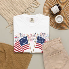 250 Years of Liberty T-Shirt — Patriotic American Flag & Historic Ship Design