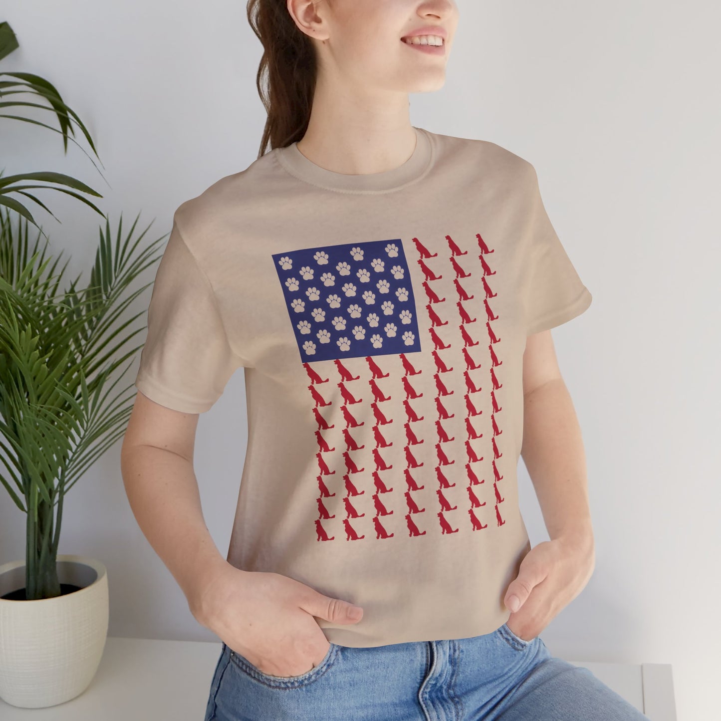 Personalized Dog Silhouette on American Flag - Tell us your dog breed, Unisex Short Sleeve Tee, Golden Retriever Silhouette Shown, Patriotic Shirt, Patriotic Pooch