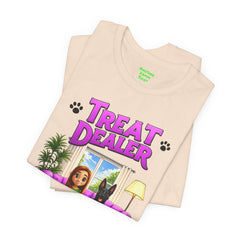 Personalized Treat Dealer T-Shirt — Funny Pet Lover Tee with Girl and Dog on Purple Couch