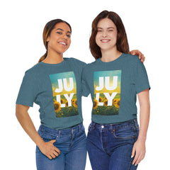 July Sunflower T‑Shirt – Summer Graphic Tee with 'JULY' Text