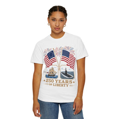 250 Years of Liberty T-Shirt — Patriotic American Flag & Historic Ship Design