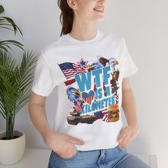 WTF Is A Kilometer? Patriotic Graphic Tee - Funny USA Eagle Burger Design